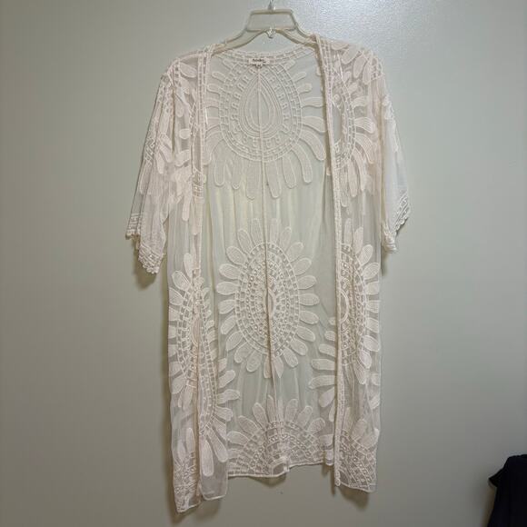 Rebellion Cream Boho White Sheer Lace Midi Kimono Cardigan Beach Coverup Medium - Picture 1 of 9